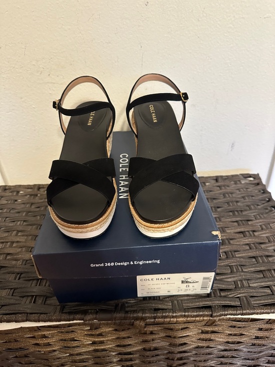 Cole Haan Shoes - Cole Haan Black Suede Wedge Sandals with Ankle Strap